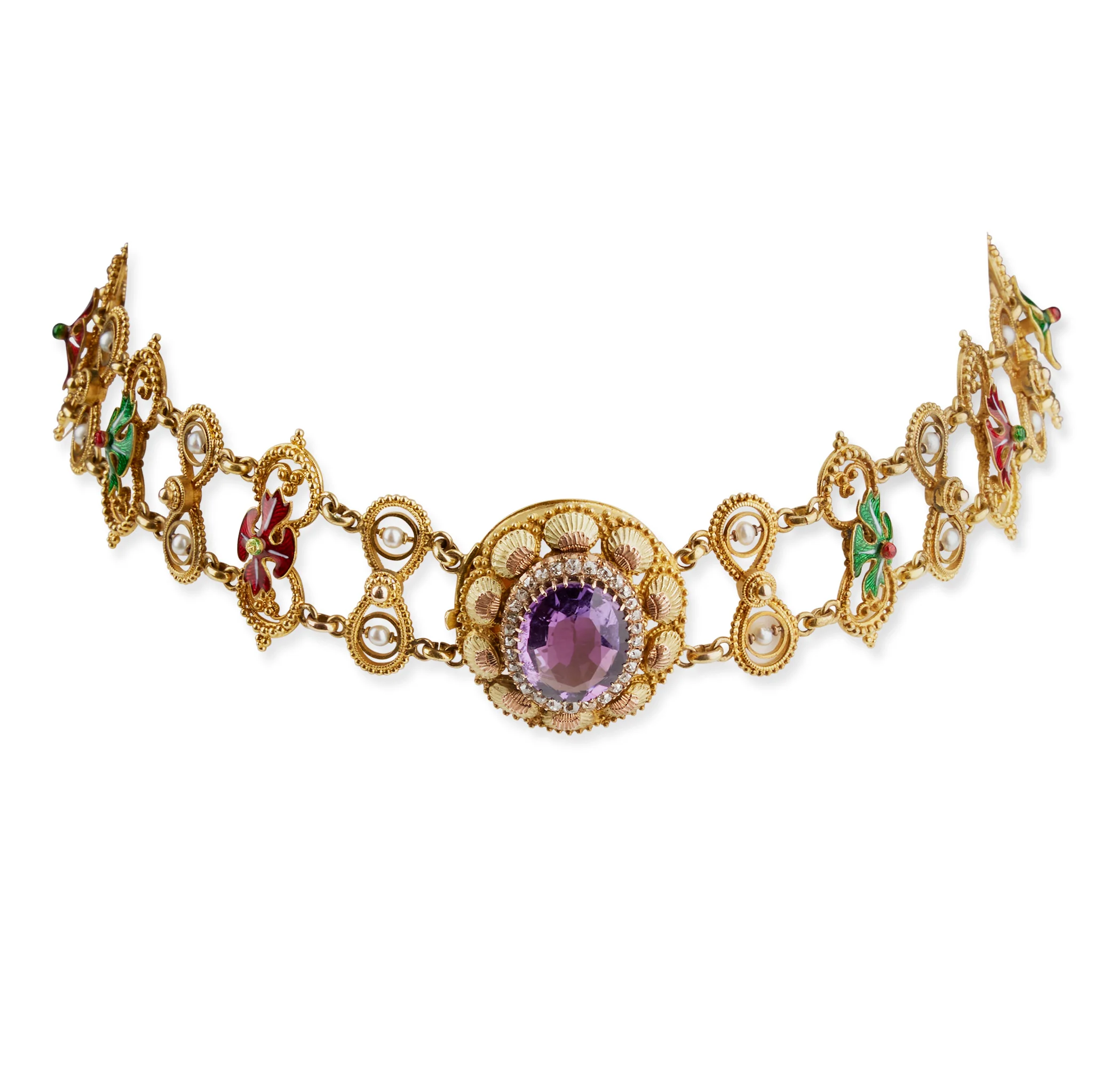 Amethyst and Basse-Taille Enamel Gold Plaque Necklace - Image 3