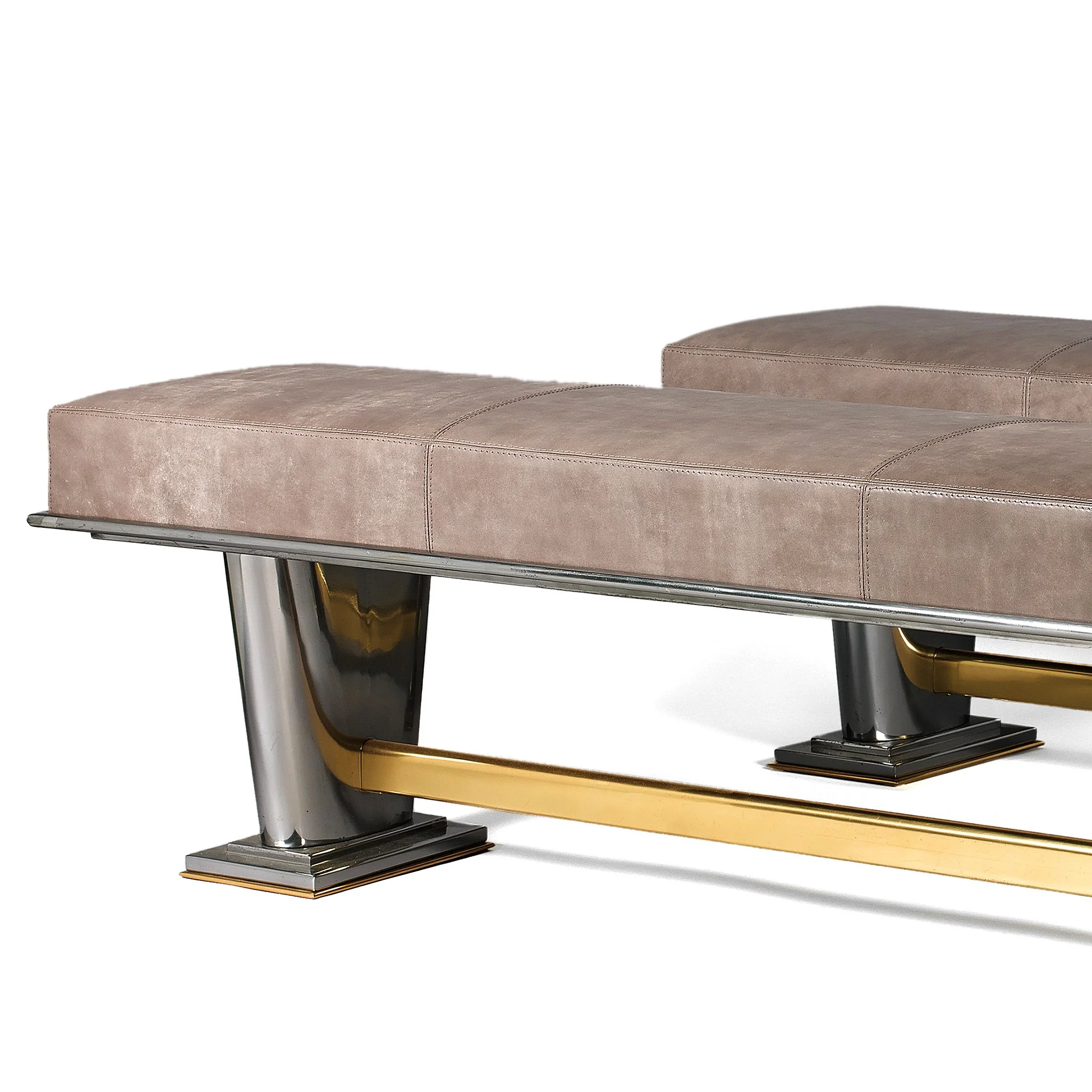 Raymond Subes Pair of Polished Bronze and Leather Benches - Image 3