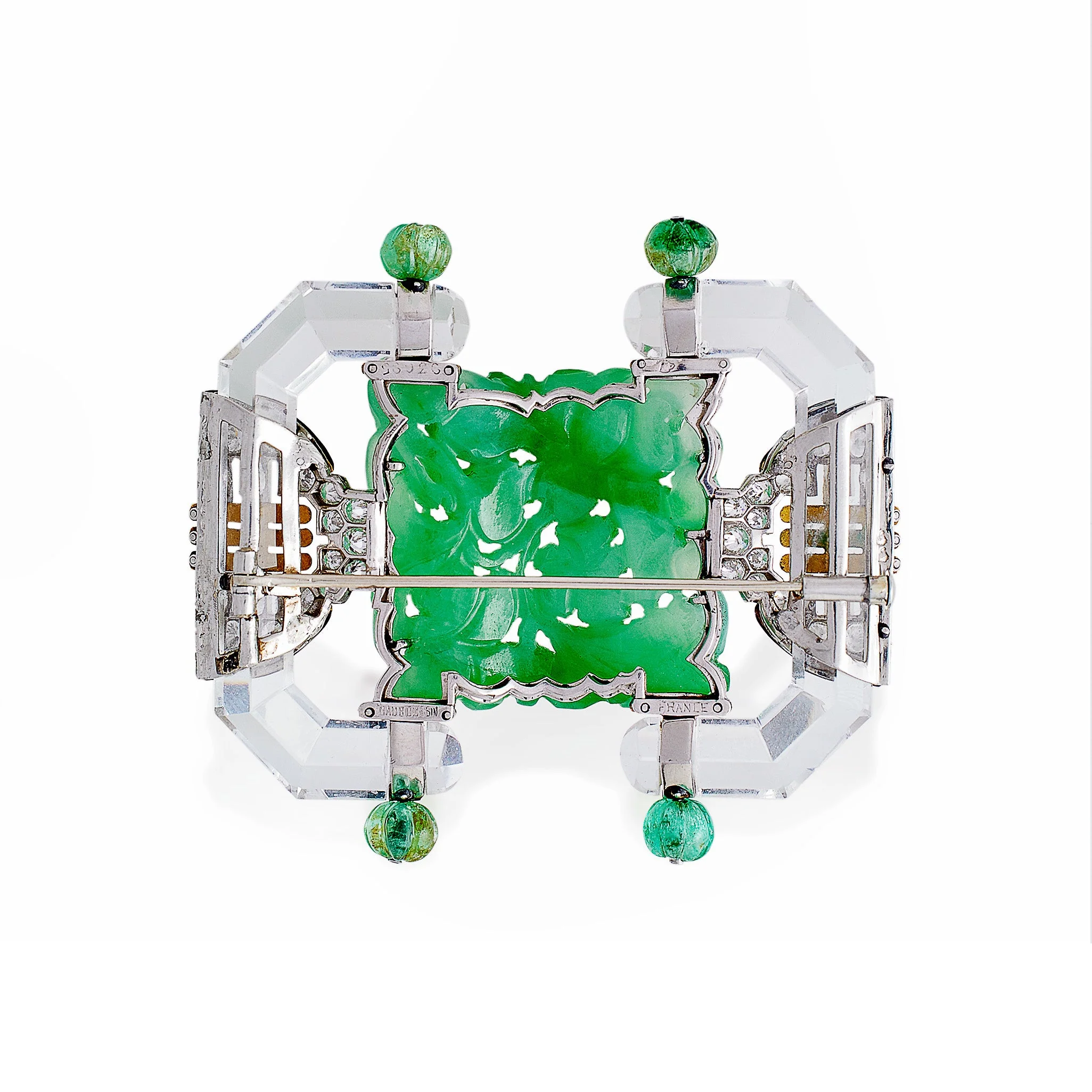 Mauboussin Paris Carved Rock Crystal, Jadeite and Emerald Brooch - Image 3