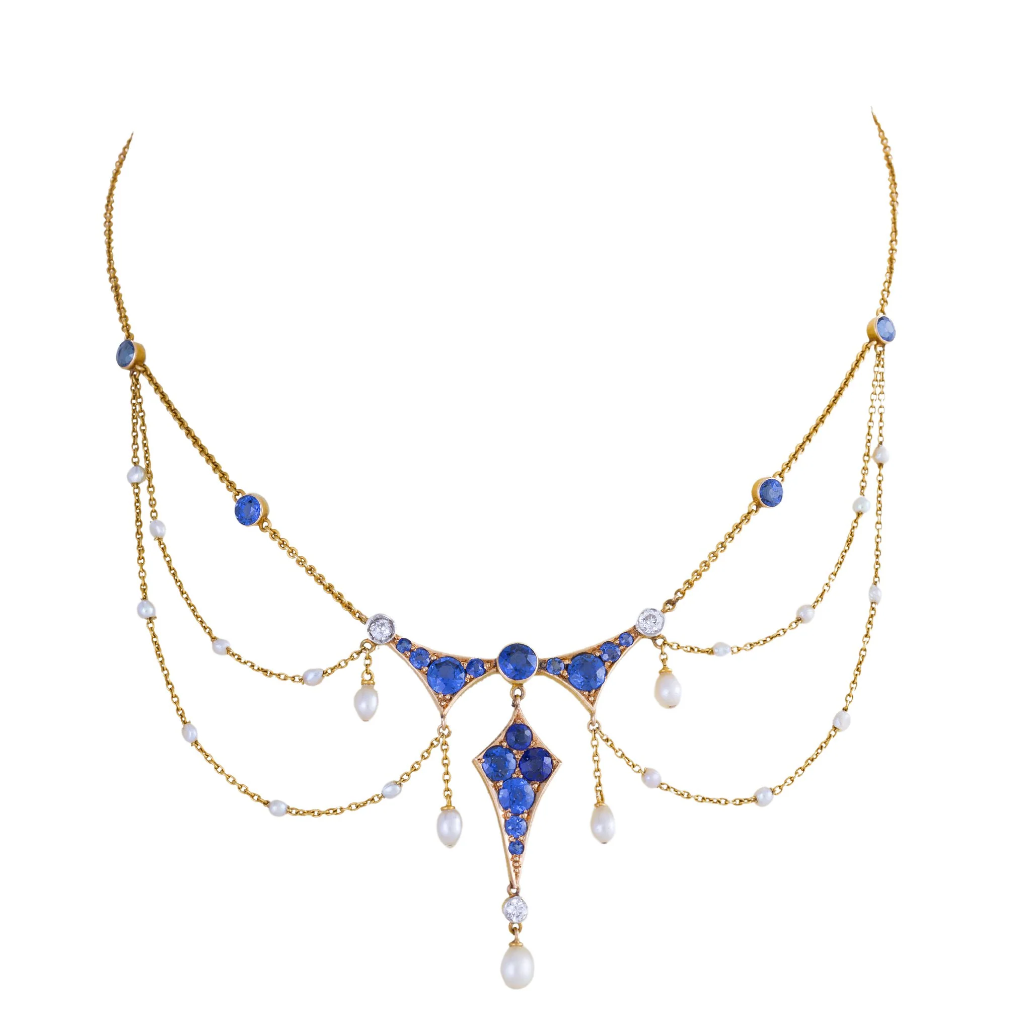Montana Sapphire, Seed Pearl and Diamond Garland Necklace - Image 3