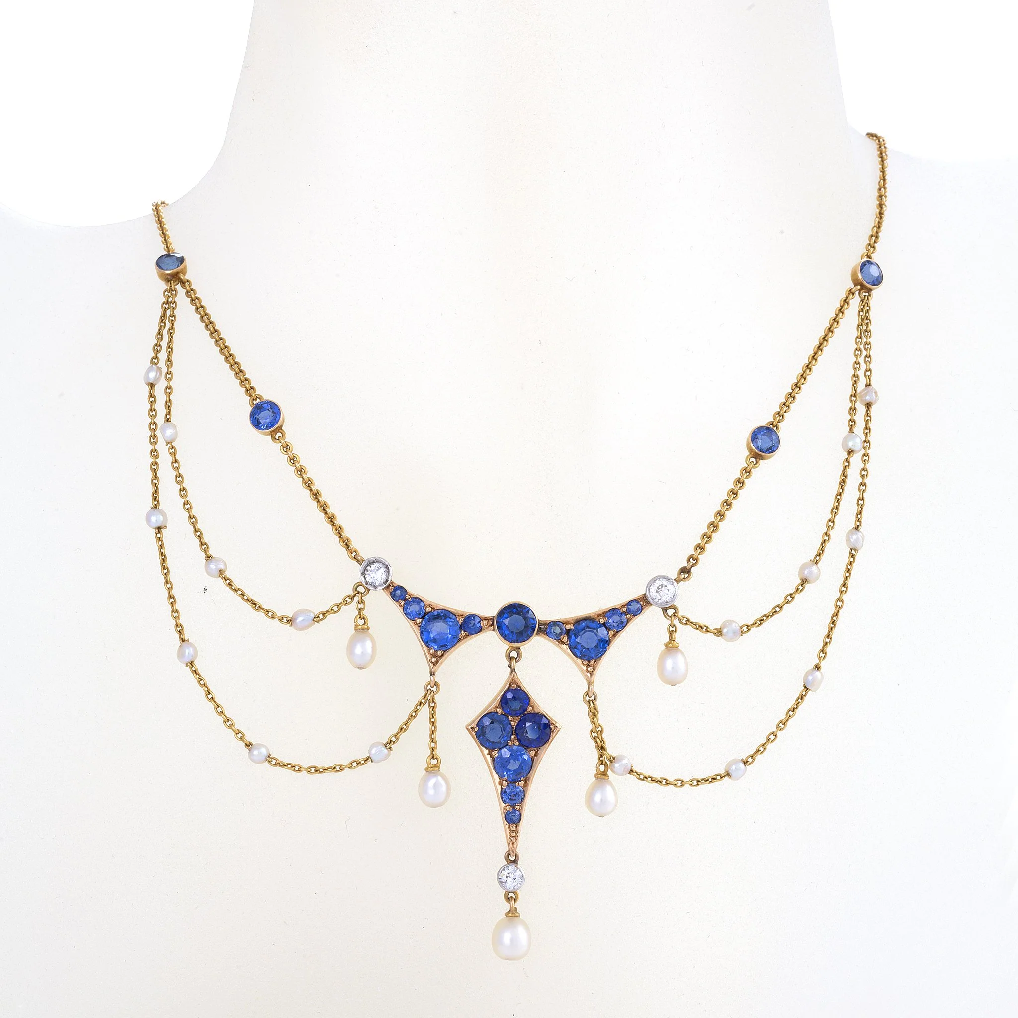 Montana Sapphire, Seed Pearl and Diamond Garland Necklace - Image 4