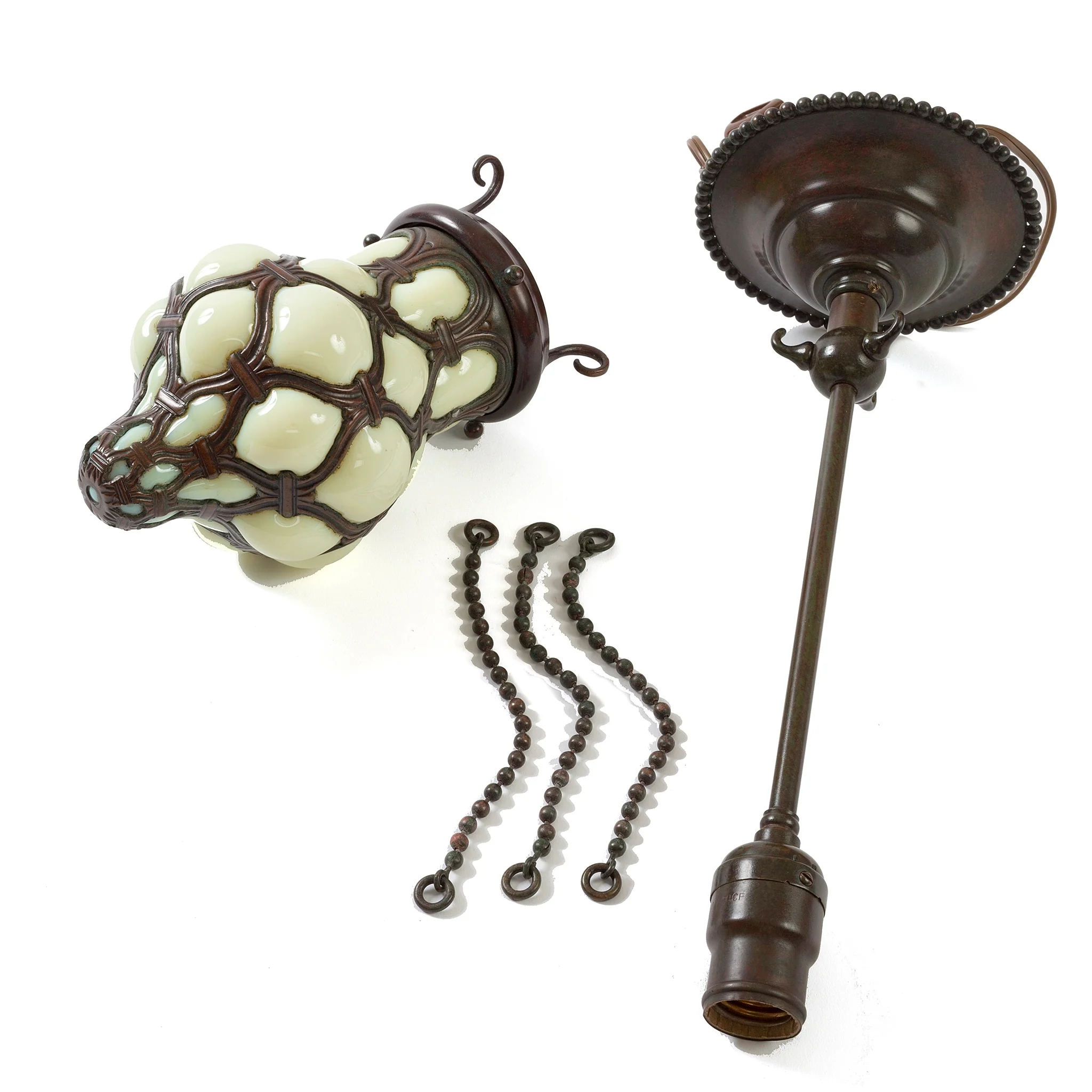 Pair of Tiffany Studios New York "Globe" Glass and Bronze Chandeliers - Image 5