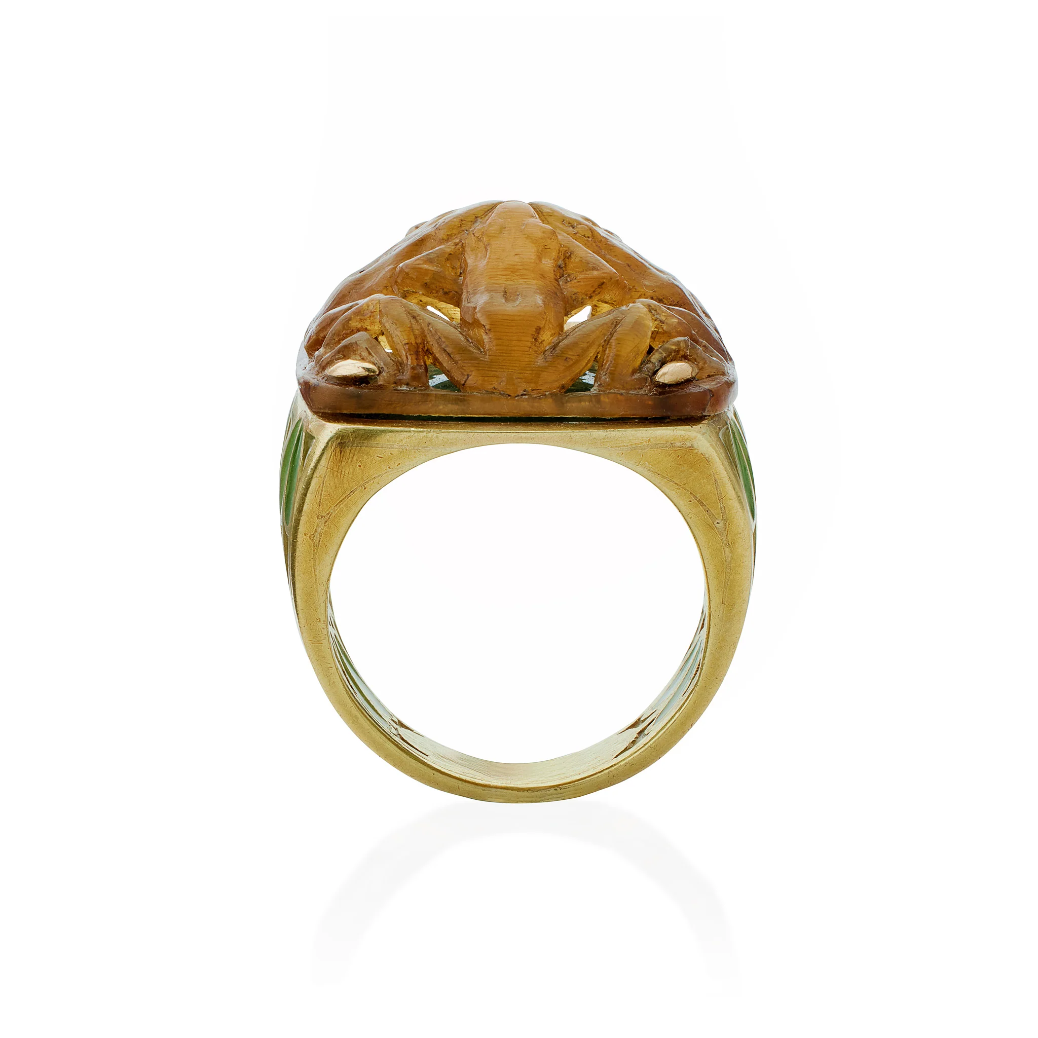 René Lalique Art Nouveau Carved Horn and Plique-à-jour Enamel  "Grenouilles" or Frogs Ring - Image 3