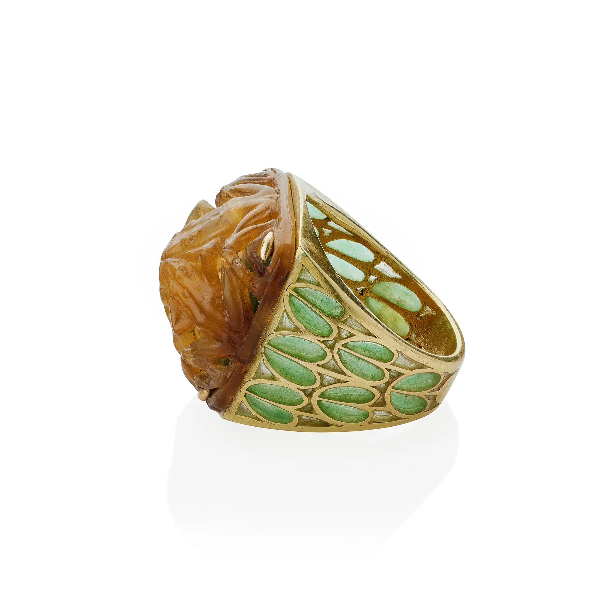 René Lalique Art Nouveau Carved Horn and Plique-à-jour Enamel  "Grenouilles" or Frogs Ring - Image 6