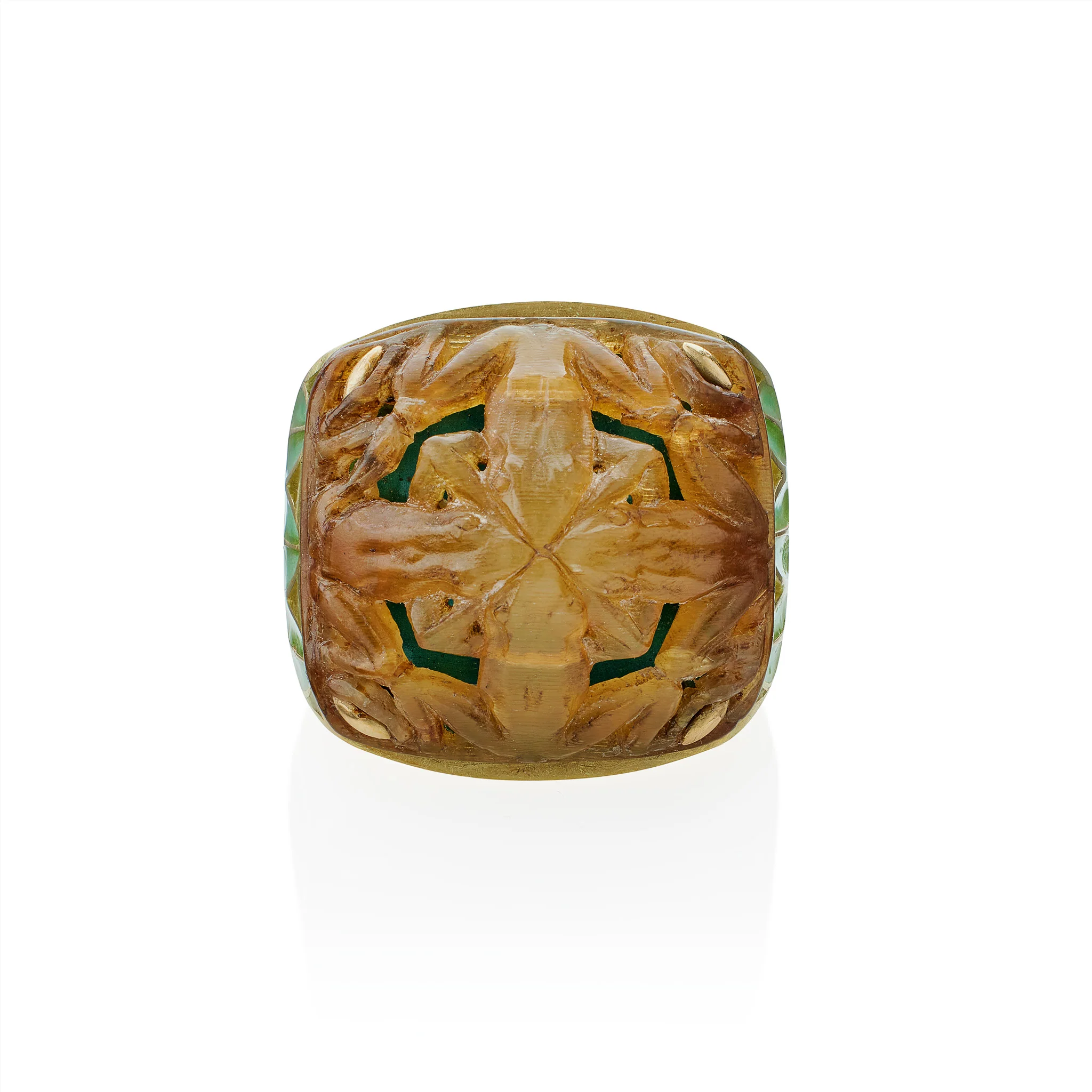 René Lalique Art Nouveau Carved Horn and Plique-à-jour Enamel  "Grenouilles" or Frogs Ring - Image 7