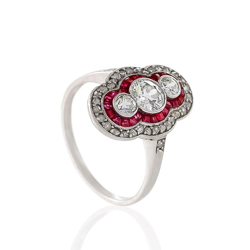 Ruby and Three-Stone Diamond Shield Ring - Image 3