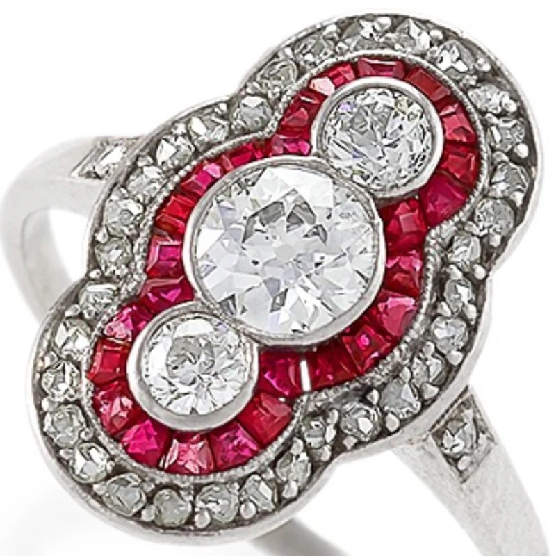 Ruby and Three-Stone Diamond Shield Ring - Image 4