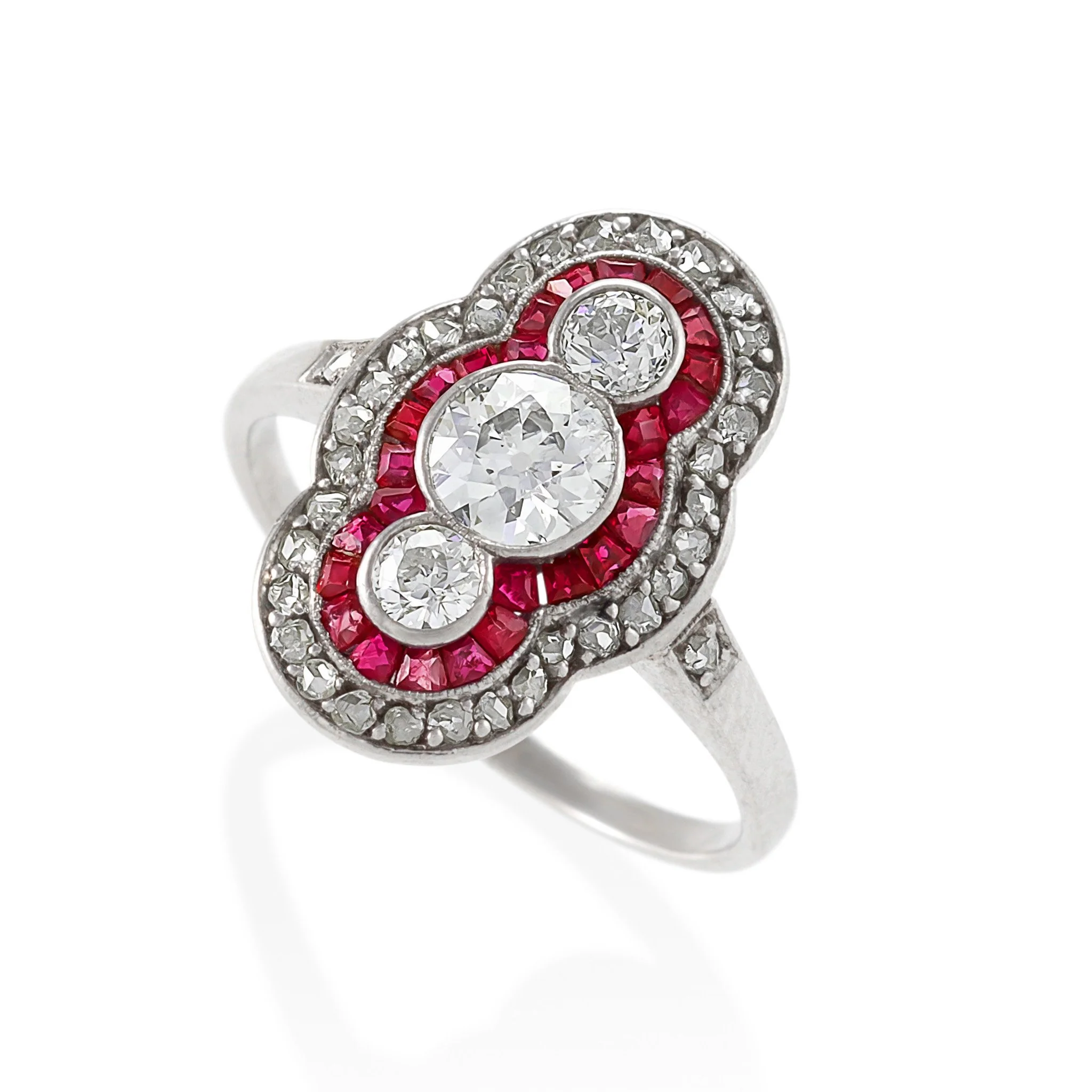 Ruby and Three-Stone Diamond Shield Ring - Image 7