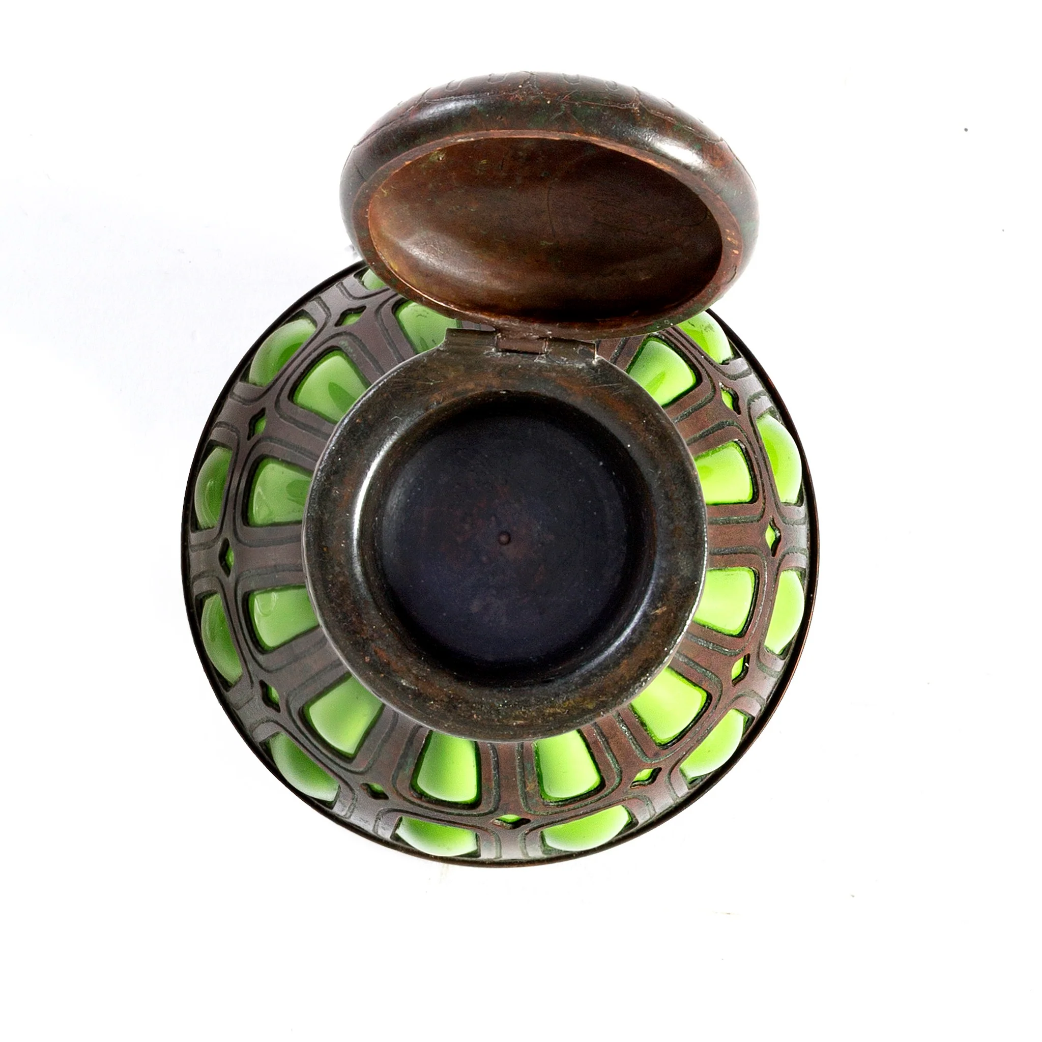 Tiffany Studios New York Bronze and Green Glass Inkwell - Image 4